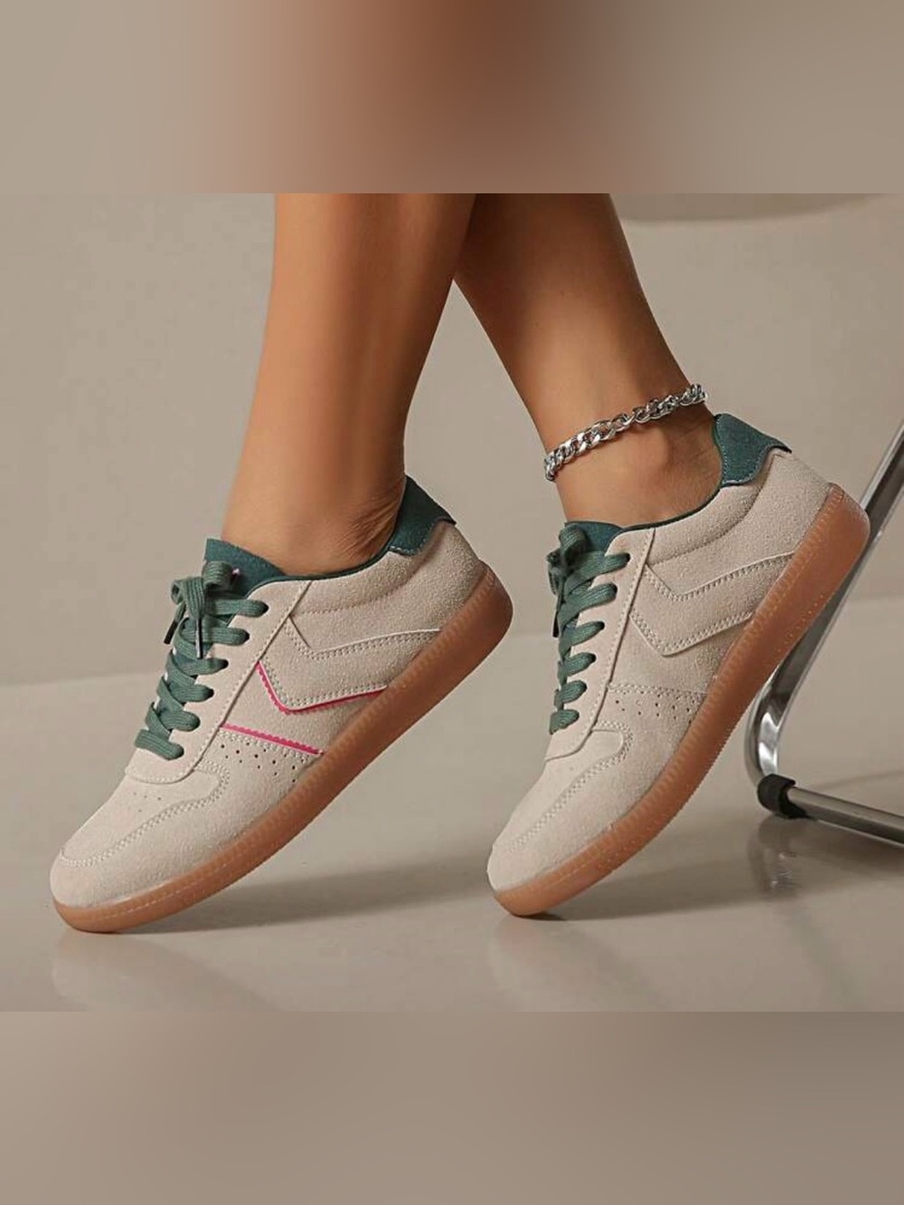Casual Women's Cream & Green Suede Sneakers